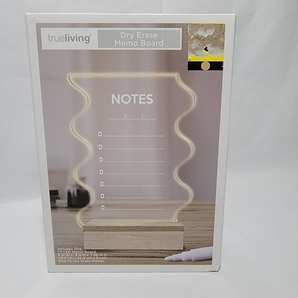 TrueLiving LED Dry Erase Memo Board Wavy Acrylic Light Up Note Board Wood Base